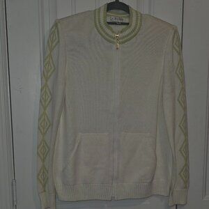 St John Sport White & Green Accent Zip Knit Cardigan Sweater - Woman's Size M
